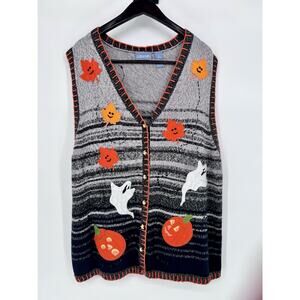 Vintage Liz & Me Knit Sweater Vest Halloween Fall Ghost Pumpkins Leaves 3X 26/28